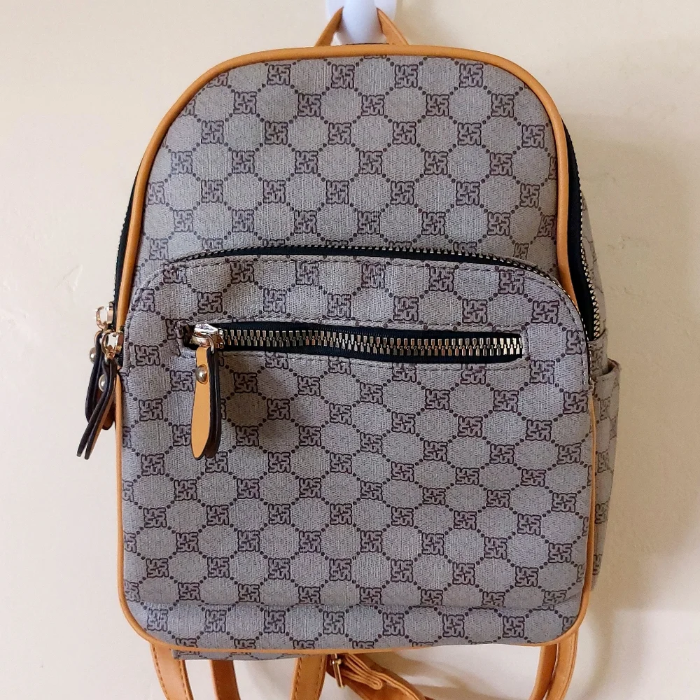 Yellow & Tan Small Faux Leather Vegan Friendly Fashion Backpack Purse w/ Print - Picture 9 of 12
